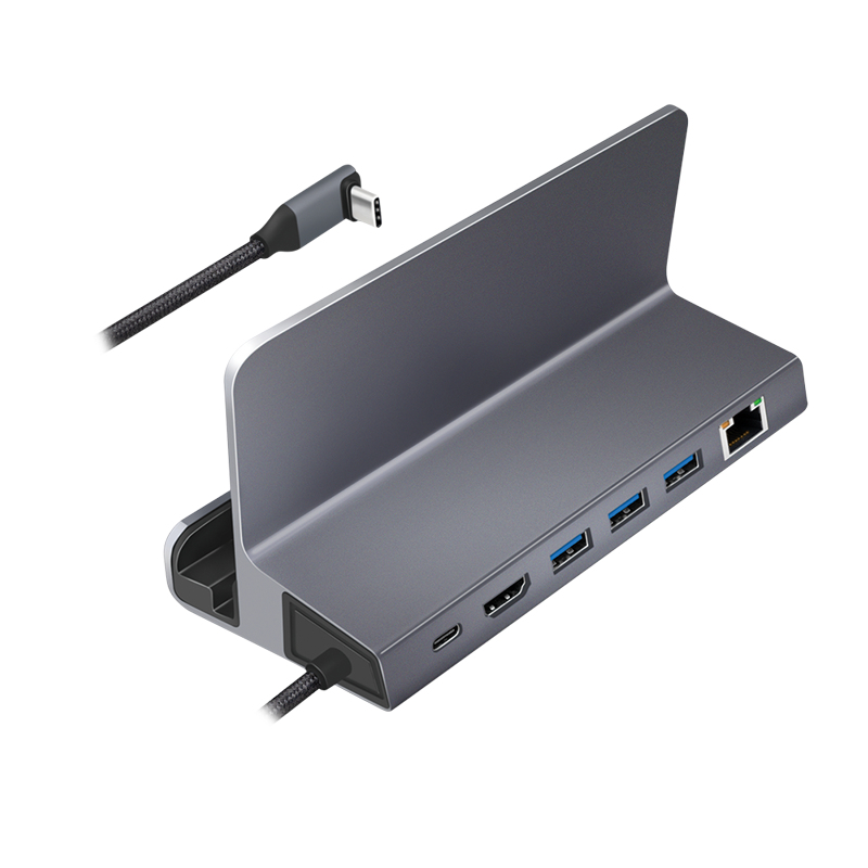 LogiLink UA0408 USB-C doko stotis su planšetinio kompiuterio laikikliu, HDMI 4K@60Hz, 100W PD, Gigabit Ethernet, sidabrinė