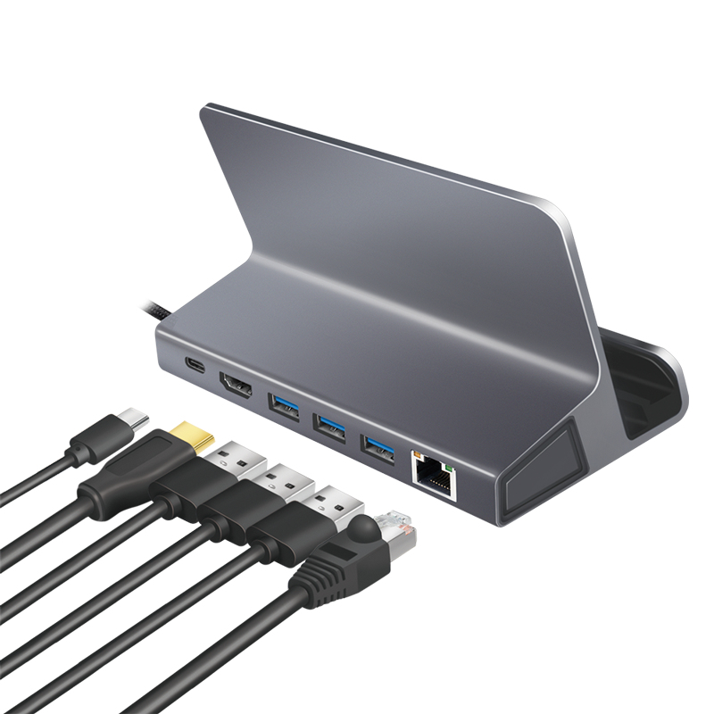LogiLink UA0408 USB-C doko stotis su planšetinio kompiuterio laikikliu, HDMI 4K@60Hz, 100W PD, Gigabit Ethernet, sidabrinė