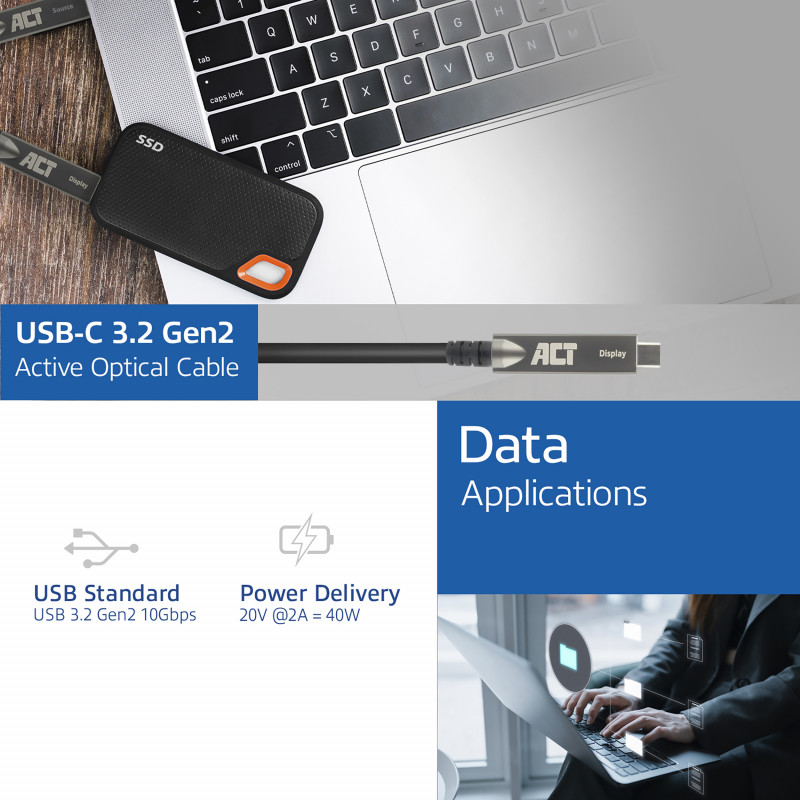 ACT USB-C 3.2 Gen2 aktyvusis optinis kabelis (AOC), skirtas jutikliniams ekranams, vaizdui, duomenims, maitinimui, 15 m (AK4335)
