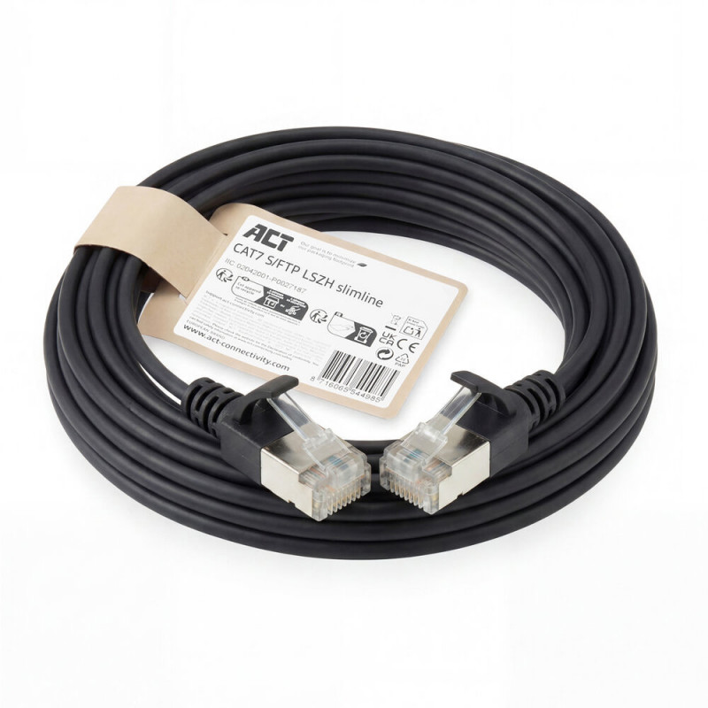 ACT juodas 7m LSZH S/FTP CAT7 slimline tinklo kabelis su apsauginiais fiksatoriais ir RJ45 jungtimis (DF7907)