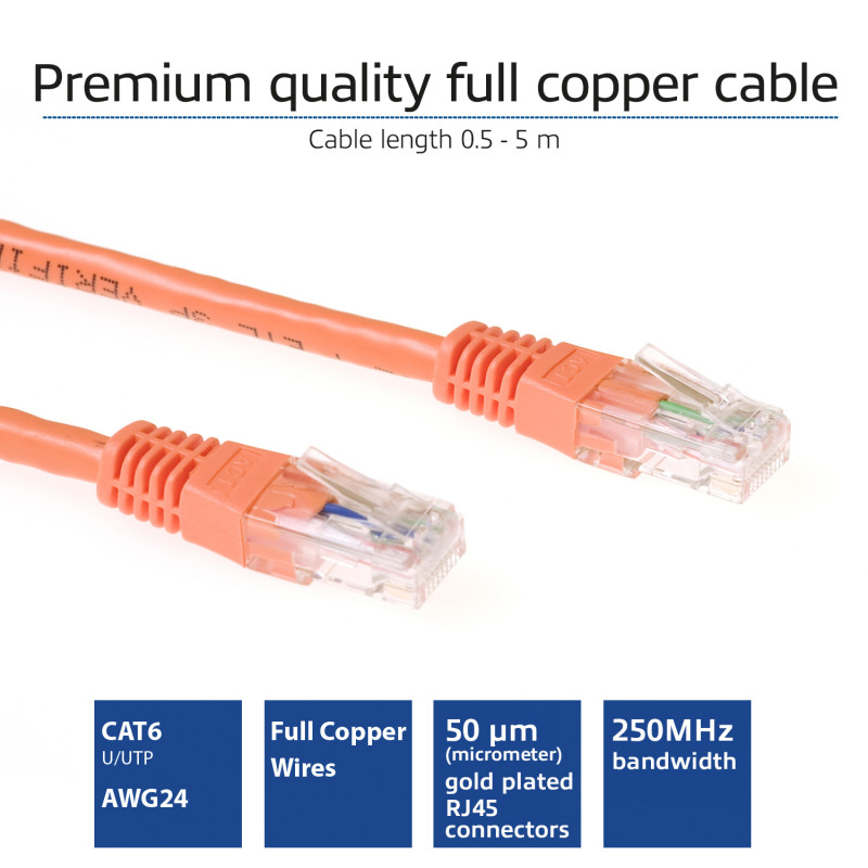 ACT IB1505 Cat6 U/UTP tinklo kabelis, RJ45, 5m, oranžinis, 10 Gbps, 250 MHz