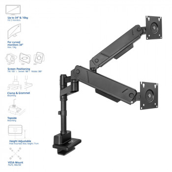 ACT AC8330 Office Solid Pro dviejų monitorių laikiklis, dujų spyruoklė, stiebo tvirtinimas, iki 34"