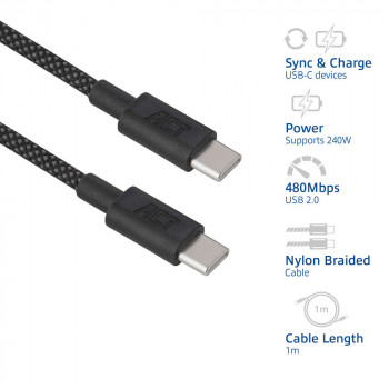 ACT USB 2.0 240W įkrovimo/duomenų kabelis USB-C į USB-C, juodas, 1m (AC3086)