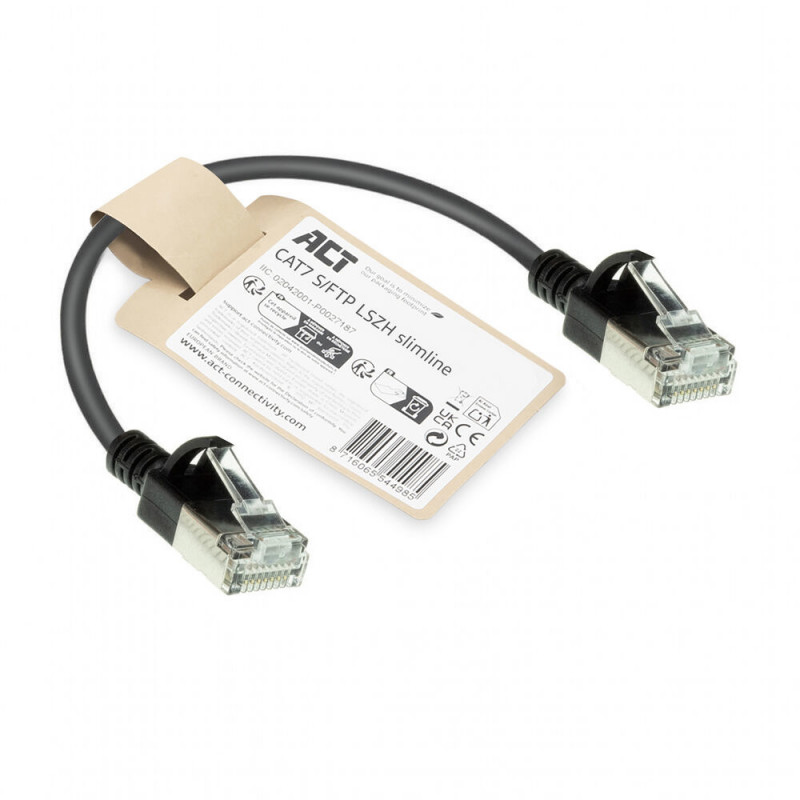 ACT juodas 0,15 m LSZH S/FTP CAT7 plonas tinklo kabelis su apsauga nuo užkabinimo ir RJ45 jungtimis (DF7930)