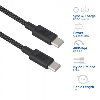 ACT USB 2.0 60W įkrovimo/duomenų kabelis USB-C į USB-C, juodas, 1 metras (AC3082)