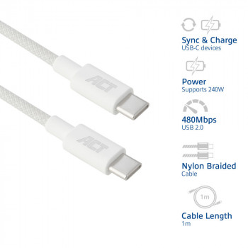 ACT USB 2.0 240W įkrovimo/duomenų kabelis USB-C į USB-C, baltas, 1 m (AC3084)