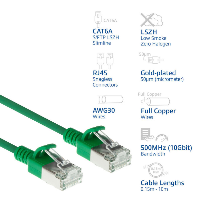 ACT Žalias 7m LSZH S/FTP CAT6A plonas apsaugotas nuo užkabinimo tinklo kabelis su RJ45 jungtimis (DB7707)