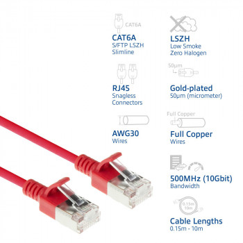 ACT raudonas 10m LSZH S/FTP CAT6A plonas tinklo kabelis su apsauginiais RJ45 jungtimis (DB7510)