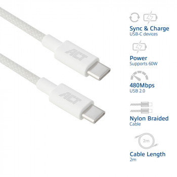 ACT USB 2.0 60W įkrovimo/duomenų kabelis USB-C į USB-C, baltas, 2 m (AC3081)