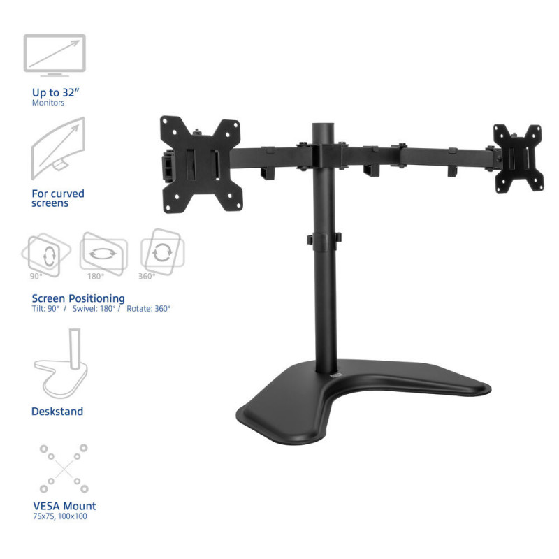 ACT AC8363 Dviejų monitorių laikiklis ant stalo 2 ekranams iki 32 inch - Tvirtinimas spaustuku ir kiauryme, VESA 75/100, 8 kg vienai rankai, juodas