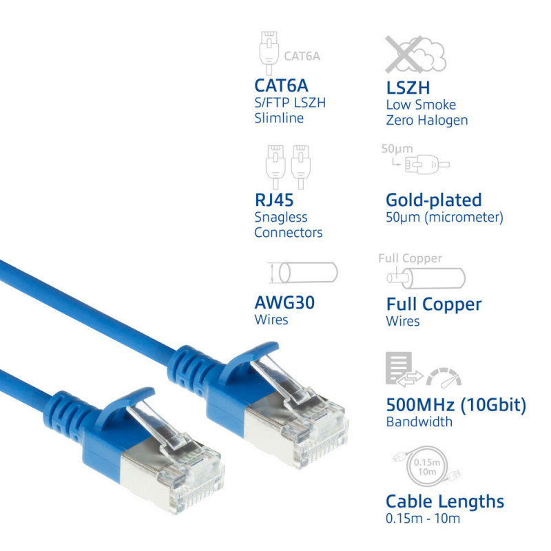 ACT Mėlynas 0,25 m LSZH S/FTP CAT6A plonas pataisymo kabelis su apsauginiais fiksatoriais ir RJ45 jungtimis (DB7652)