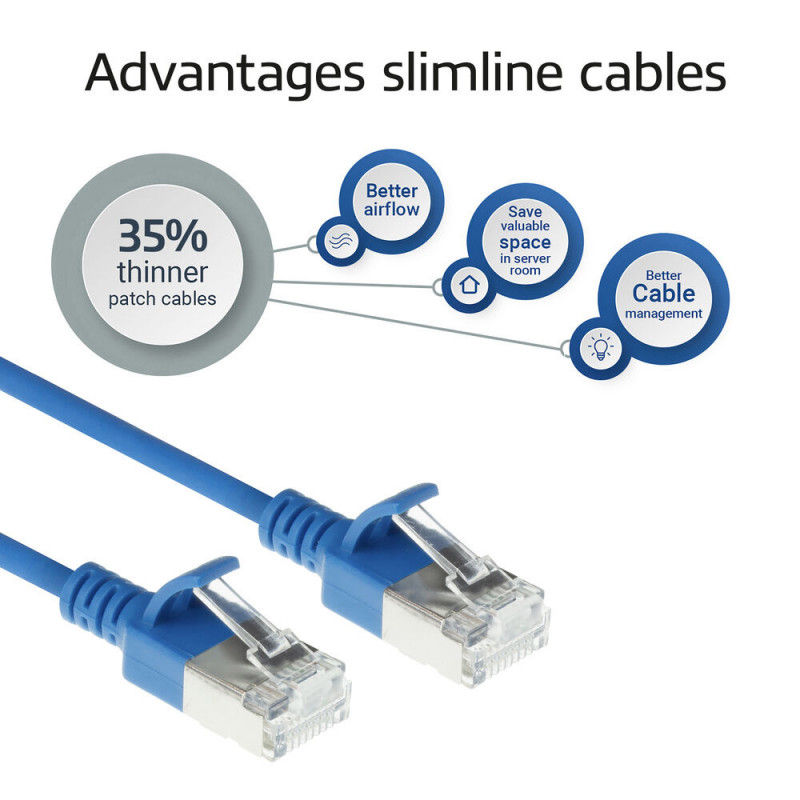 ACT Mėlynas 0,25 m LSZH S/FTP CAT6A plonas pataisymo kabelis su apsauginiais fiksatoriais ir RJ45 jungtimis (DB7652)