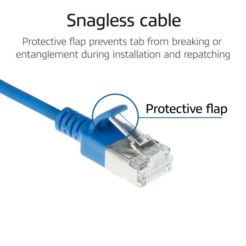 ACT Mėlynas 0,25 m LSZH S/FTP CAT6A plonas pataisymo kabelis su apsauginiais fiksatoriais ir RJ45 jungtimis (DB7652)