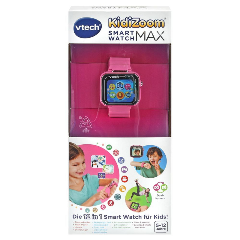 VTech KidiZoom Smart Watch MAX rožinis vaikiškas išmanusis laikrodis su dvigubomis kameromis, 20+ žaidimų, aktyvumo sekikliu, atsparus purslams