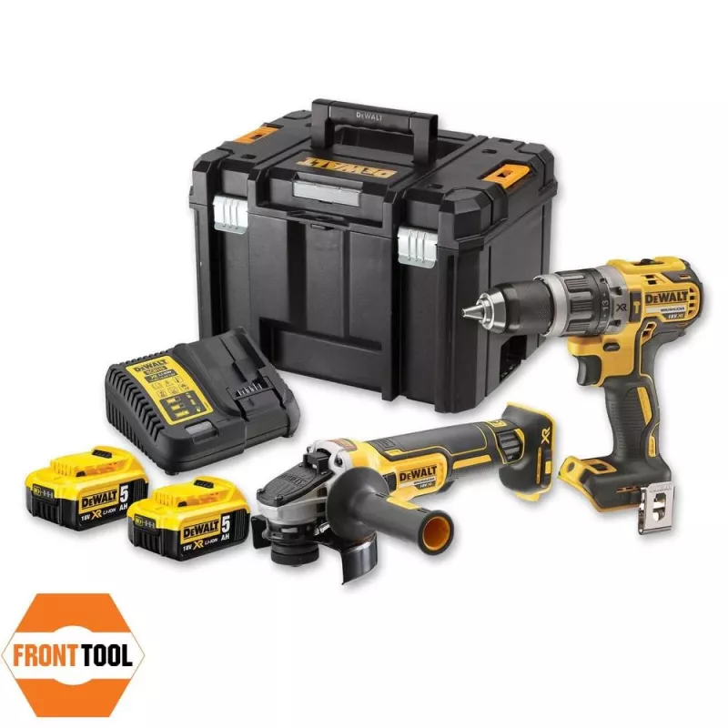 Elektrinių įrankių rinkinys DeWALT DCK2080P2T-QW — 18V Li‑Ion 5Ah (2x), DCG405 kampinis šlifuoklis, gręžtuvas/suktuvas, M14 šlifavimo disko sriegis, nešiojimo dėklas