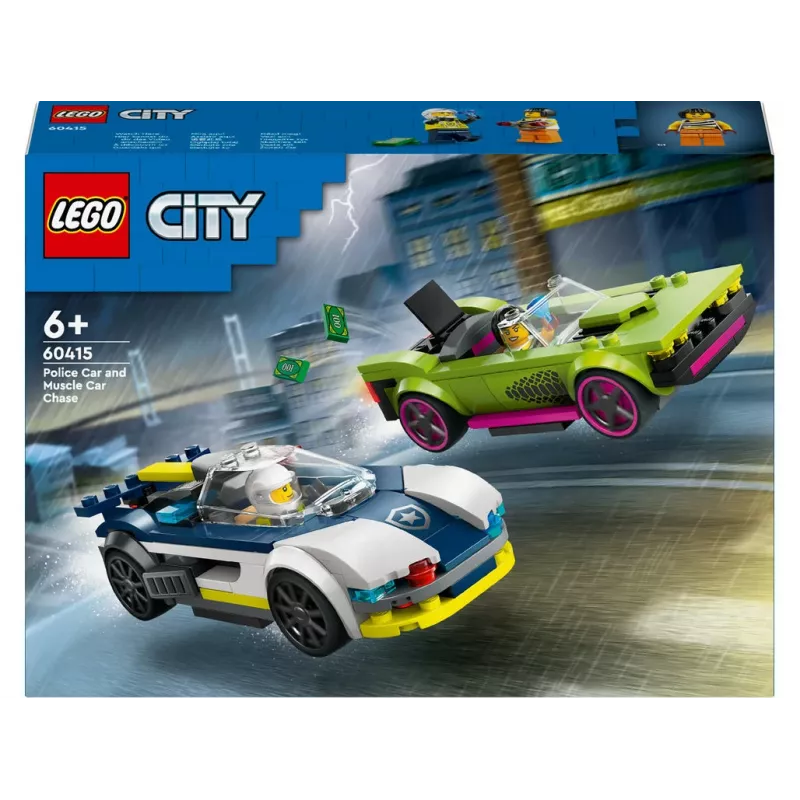 LEGO City rinkinys 60415 Policijos automobilio ir sportinio automobilio gaudynės — 213 dalių, 2 minifigūrėlės, amžius 6+