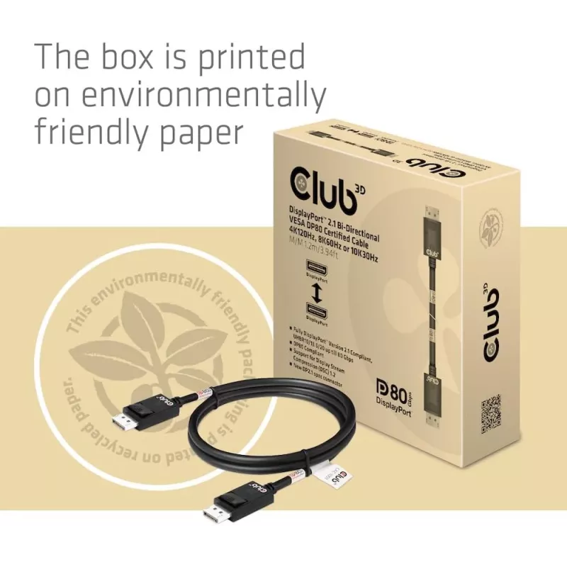 CLUB3D DisplayPort 2.1 dvikryptis VESA DP80 sertifikuotas laidas 4K240Hz, 8K60Hz arba 10K30Hz M/M 1,2 m / 3,94 pėd.