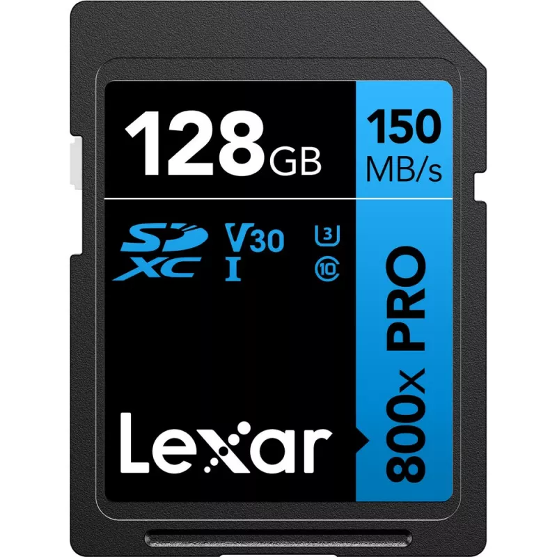 SDXC atminties kortelė Lexar 128GB UHS-I 800xPRO Class 10 U3 V30 — 150 MB/s skaitymo, 45 MB/s rašymo greitis, juoda