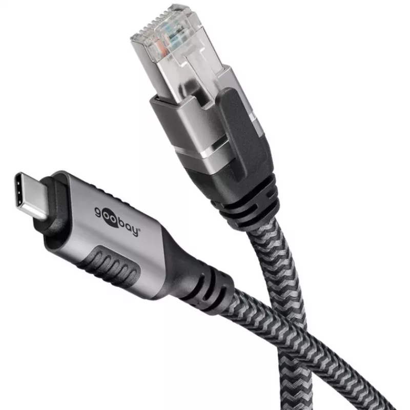 Ethernet laidas USB-C 3.2 Gen2 kištukas > RJ-45 kištukas, LAN adapteris juoda/sidabrinė, 2 metrai, pintas tekstilinis apvalkalas