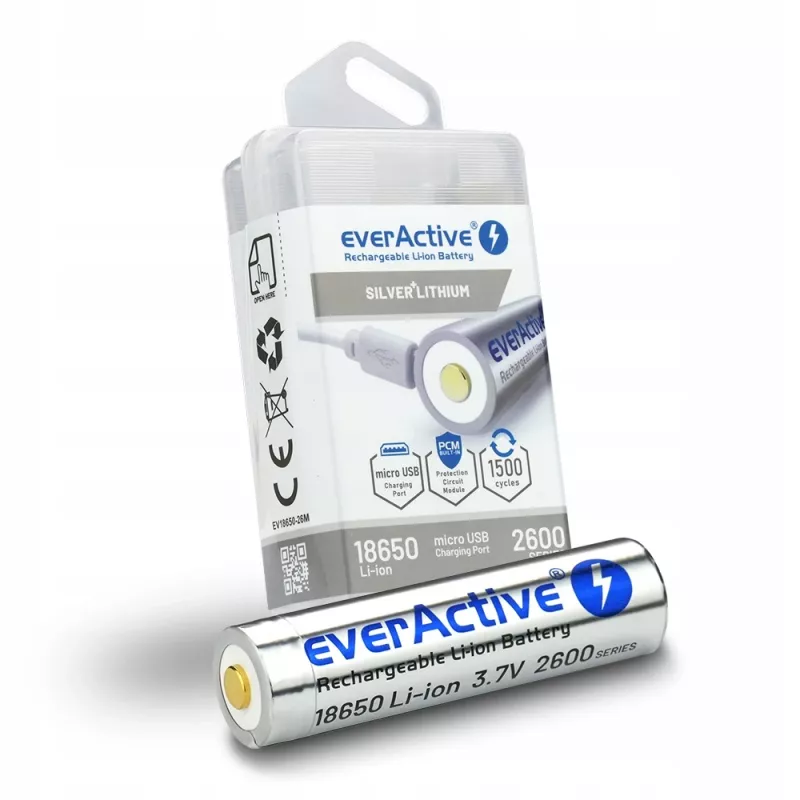 baterija everActive 18650 3.7V Li-ion 2600mAh micro USB with protection BOX