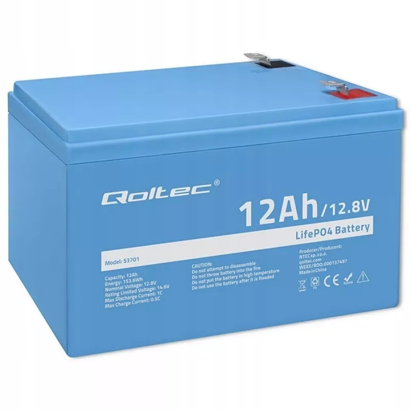 Qoltec LiFePO4 ličio geležies fosfato baterija 12,8 V 12 Ah 153,6 Wh su BMS