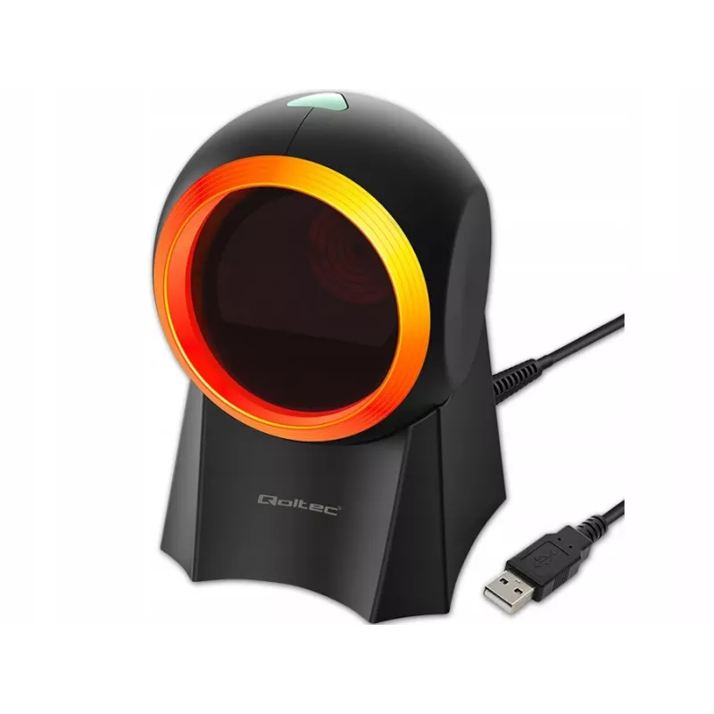 Laidinis stalinis brūkšninių kodų skaitytuvas QOLTEC 50857 — 1D/2D, USB, ABS korpusas, juodas, 1,75 m laidas