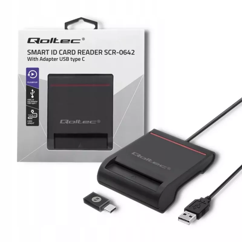 ID kortelių skaitytuvas QOLTEC Smart chip ID card scanner — USB, juodas, 84,5×65×16 mm, 63 g