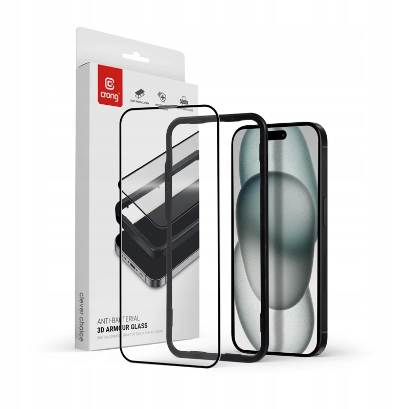 Grūdinto stiklo ekrano apsauga Crong CRG-AB3DAG-IP15 — 9H kietumas, 0,33 mm storis