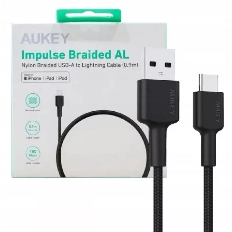 USB A į USB-C laidas AUKEY CB-CD30 0,9 m – juodas, pintas, USB PD 3.0, 0,48 Gbit/s
