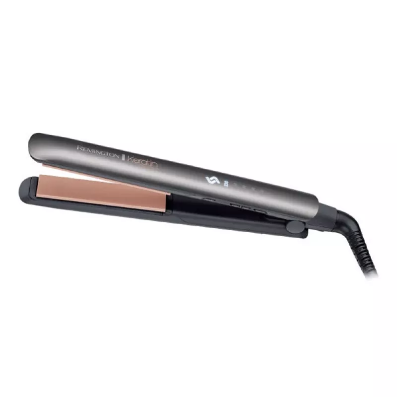 Plaukų tiesintuvas Remington S8598 Warm Juoda Pilka — keraminės plokštės 11 cm, 5 šilumos lygiai, 160–230°C, 3 m laidas, dėklas