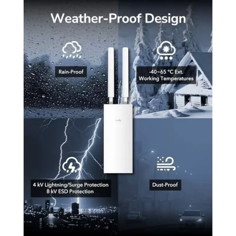Prieigos taškas Cudy AP1300 Outdoor — dviejų juostų 2,4/5 GHz, 300/867 Mbps, IP65, PoE, 2 išorinės RP‑SMA antenos