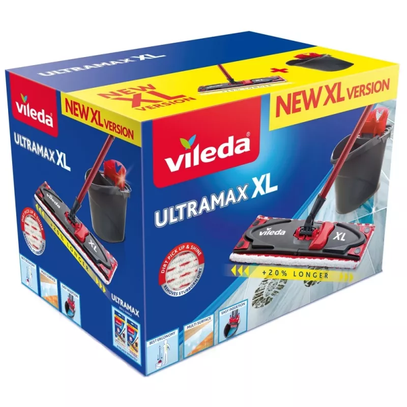 VILEDA šluota Ultramax XL Box — plaunamas mikropluošto 360° besisukantis antgalis, sulankstomas, kietoms grindims