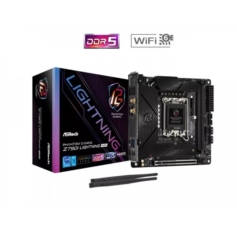 Pagrindinė plokštė ASRock Z790I LIGHTNING WIFI — Intel Z790, LGA 1700, Mini-ITX, DDR5 iki 8600 MHz, 2x DIMM, Wi‑Fi 6E, 2.5Gb LAN, 2x M.2