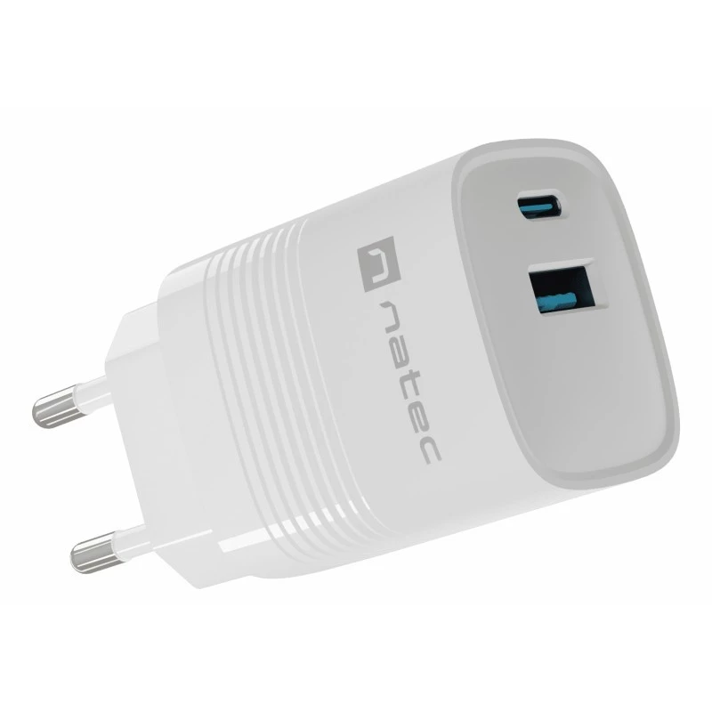Laidinis mobiliųjų įrenginių įkroviklis NATEC NUC-2140, 30W, USB-C PD 3.0 + USB-A, Samsung AFC, Baltas