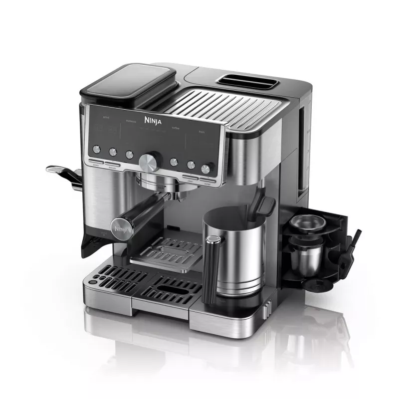 Espresso aparatas Ninja ES701EU — pusiau automatinis kavos/espresso aparatas su integruotu malūnėliu, 2 L vandens talpa, 1650 W, 25 malimo nustatymai, pieno talpa, 14 barų siurblys