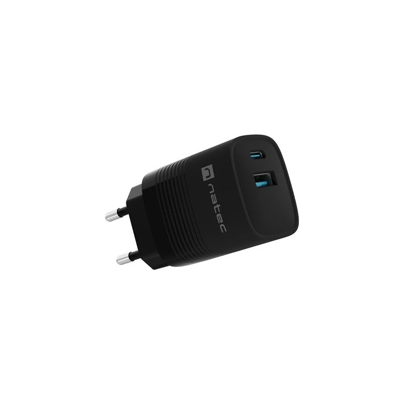 NATEC laidinis mobiliųjų įrenginių įkroviklis NUC-2141, 30W, USB-C PD 3.0 + USB-A QC 3.0, 110–240V, juodas
