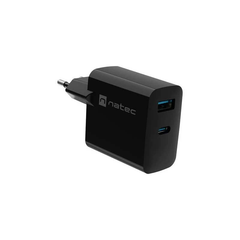 Laidus mobilusis įrenginių įkroviklis NATEC NUC-2145, 65 W, USB-C PD 3.0 + QC 3.0, 1x USB-C, 1x USB-A, 110–240 V, juodas