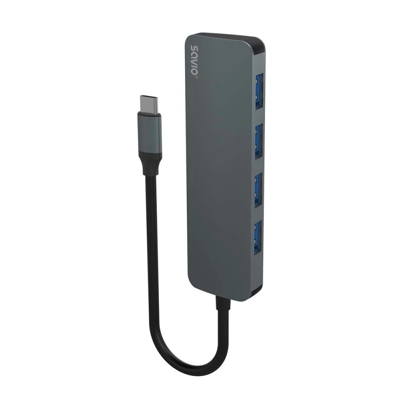 USB šakotuvas SAVIO AK-54 — 4 x USB-A (USB 3.2 Gen 1), USB-C pagrindinis, juodas