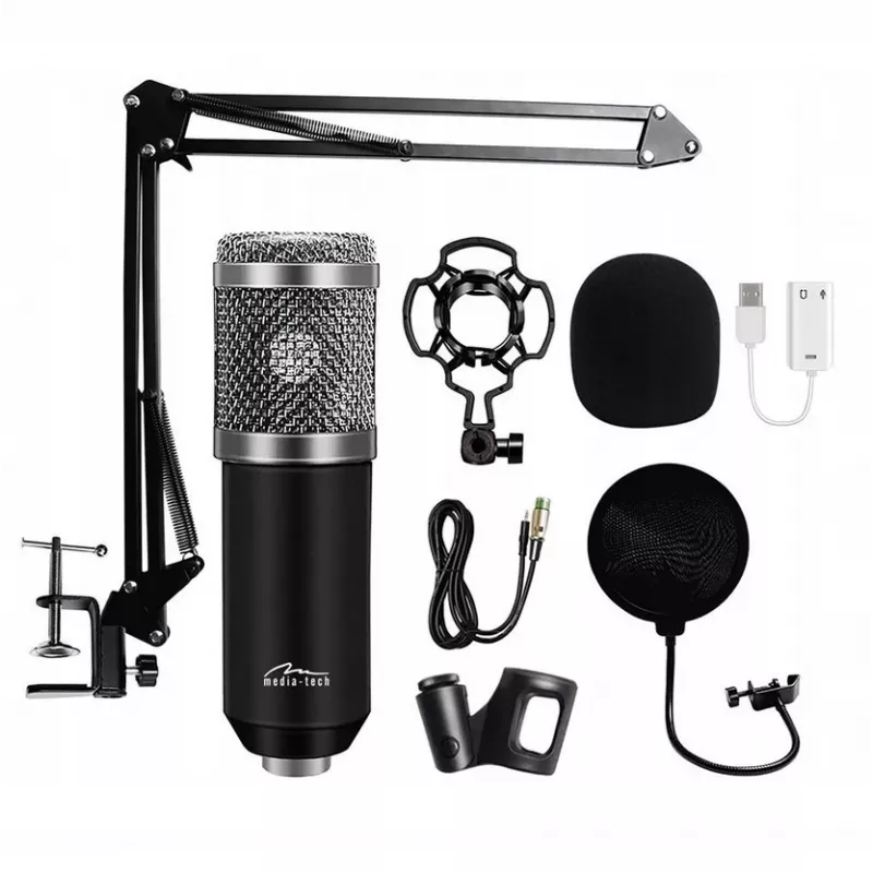 PC mikrofonas MEDIA-TECH MT397S — laidinis, XLR įvestis, 20–20000 Hz, 150 Ω, -32 dB, 2,4 m laidas, stalinis stovas, juodas