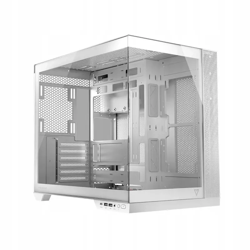 PC korpusas MODECOM Volcano Panorama Midi Tower baltas — micro ATX, grūdintas stiklas, ARGB, USB-C, palaiko GPU iki 400 mm