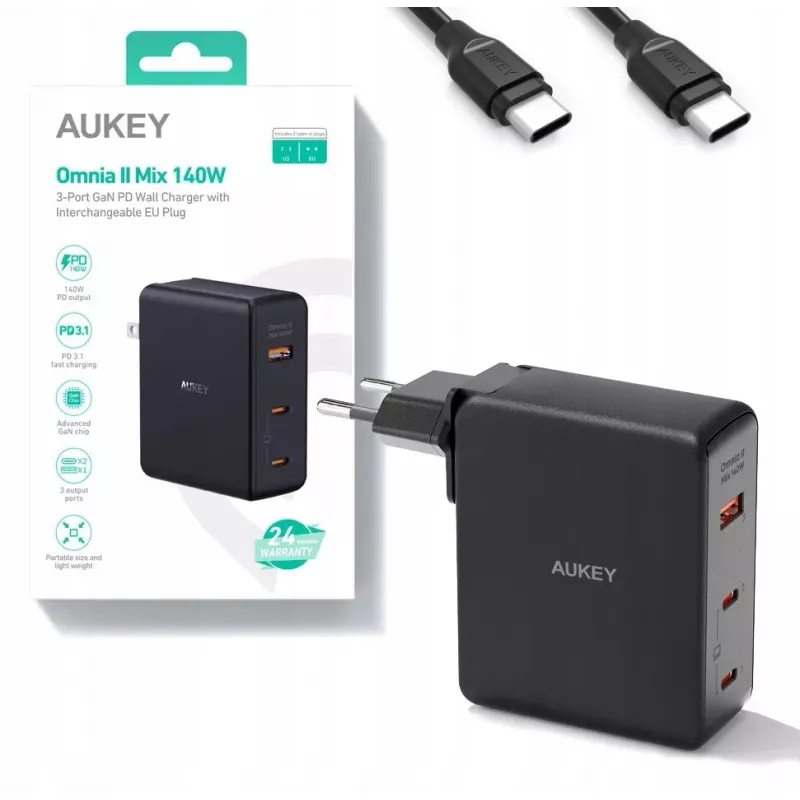 Sieninis įkroviklis Aukey PA-B7O, 3×USB, GaN technologija
