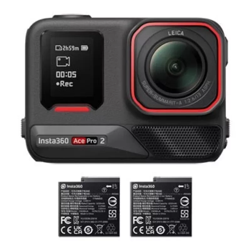 Veiksmo sporto kamera Insta360 Ace Pro 2 — 50 MP, 8K itin didelė raiška (7680×3272), 1/1,3 colio jutiklis, iki 240 kadrų per sekundę, įmontuotas ekranas, „Wi‑Fi“, „MicroSD“, 177,7 g, juoda