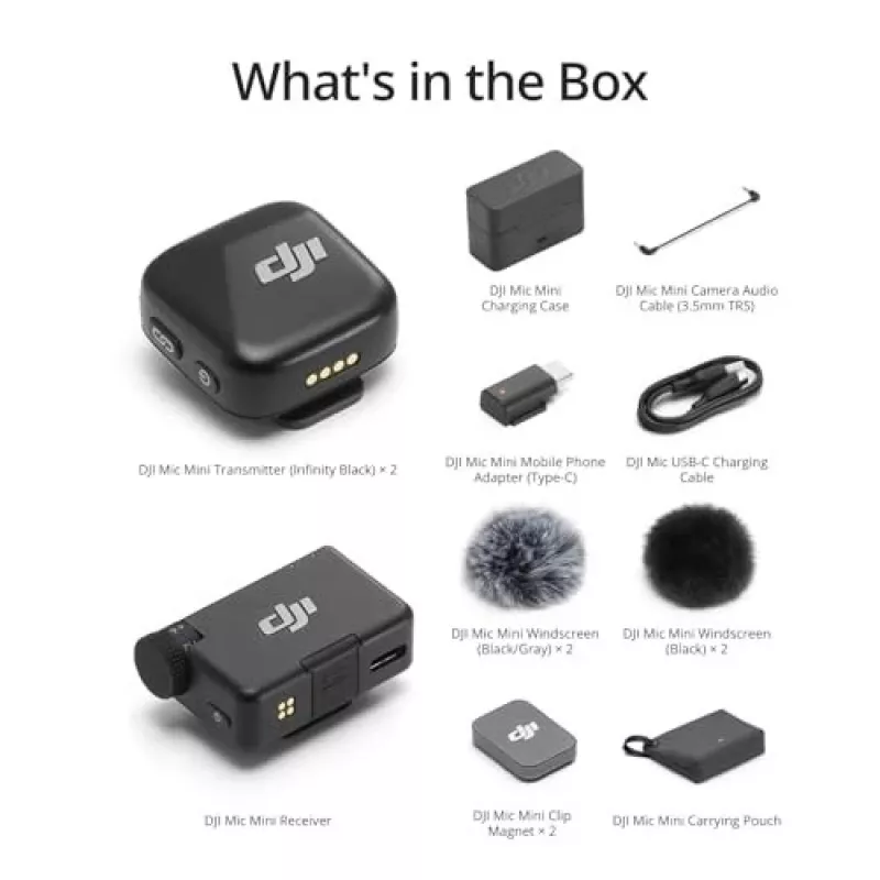 „DJI Mic Mini“ (2 TX + 1 RX + įkrovimo dėklas) belaidžių mikrofonų rinkinys – tamsiai pilkas