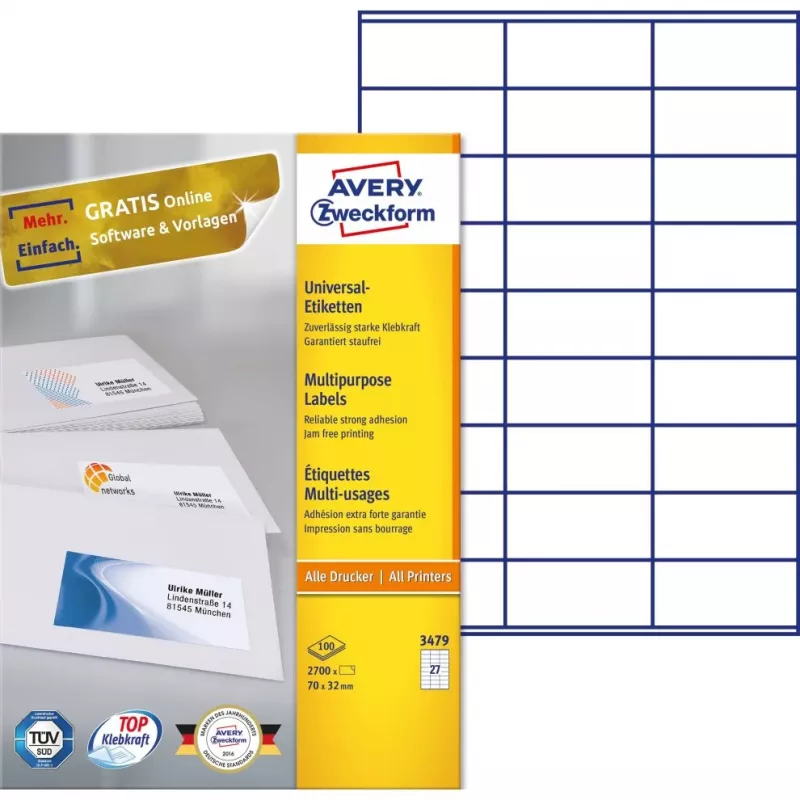 Avery-Zweckform 3479 etiketės baltos popierinės 70x32mm nuolatinis lipnus sluoksnis
