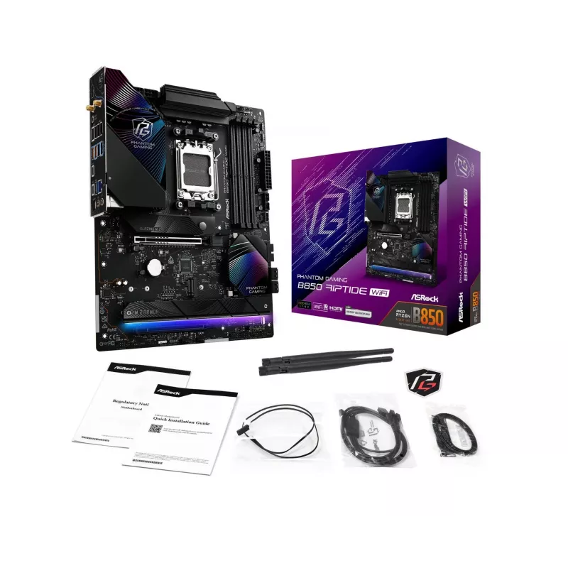 Pagrindinė plokštė ASRock Phantom Gaming B850 Riptide WiFi — AMD B850, Socket AM5, ATX, DDR5, 4x M.2, Wi‑Fi 7, 2.5Gb LAN