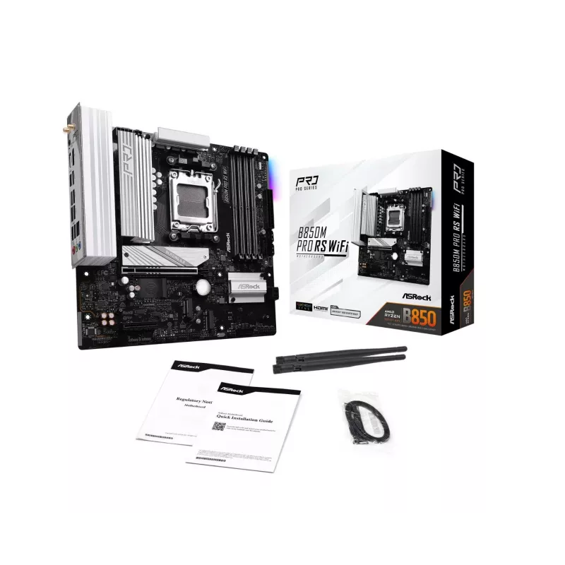 ASRock B850M Pro RS WiFi pagrindinė plokštė — AMD B850, Socket AM5, microATX, DDR5, 4 DIMM, 256GB, Wi‑Fi 6E, 2.5Gb LAN, 3x M.2