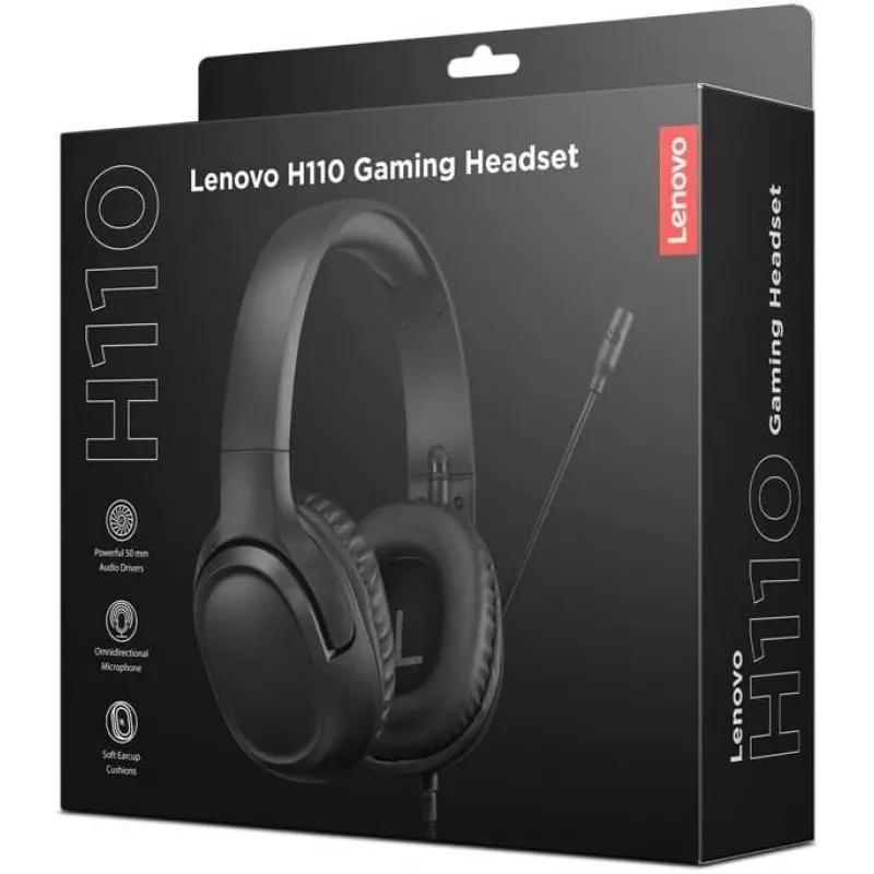 Lenovo H110 žaidimų ausinės, laidinės, binauralinės, 3,5 mm, 1,8 m kabelis, 50–20 000 Hz, 110 dB, 32 Ω, juodos