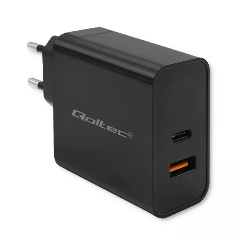 Qoltec 52381 Super Quick PD įkroviklis | 1xUSB-C | 1xUSB | 90W | 5-20V | 2.4-4.35A | Juodas