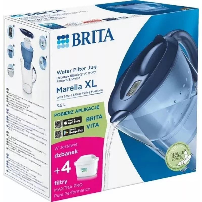 Vandens filtro ąsotis BRITA Marella XL, ąsotinis filtras su MAXTRA kasetėmis, 3,5 L bakelis, 2 L filtruoto vandens talpa, mėlynas