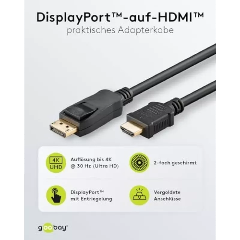 64836 DisplayPort 1.2 į HDMI adapterio kabelis 1.4 4K @ 30Hz / Itin didelės spartos HDMI kabelis / Paauksuota jungtis nepriekaištingam signalo perdavimui / Nešiojamam kompiuteriui